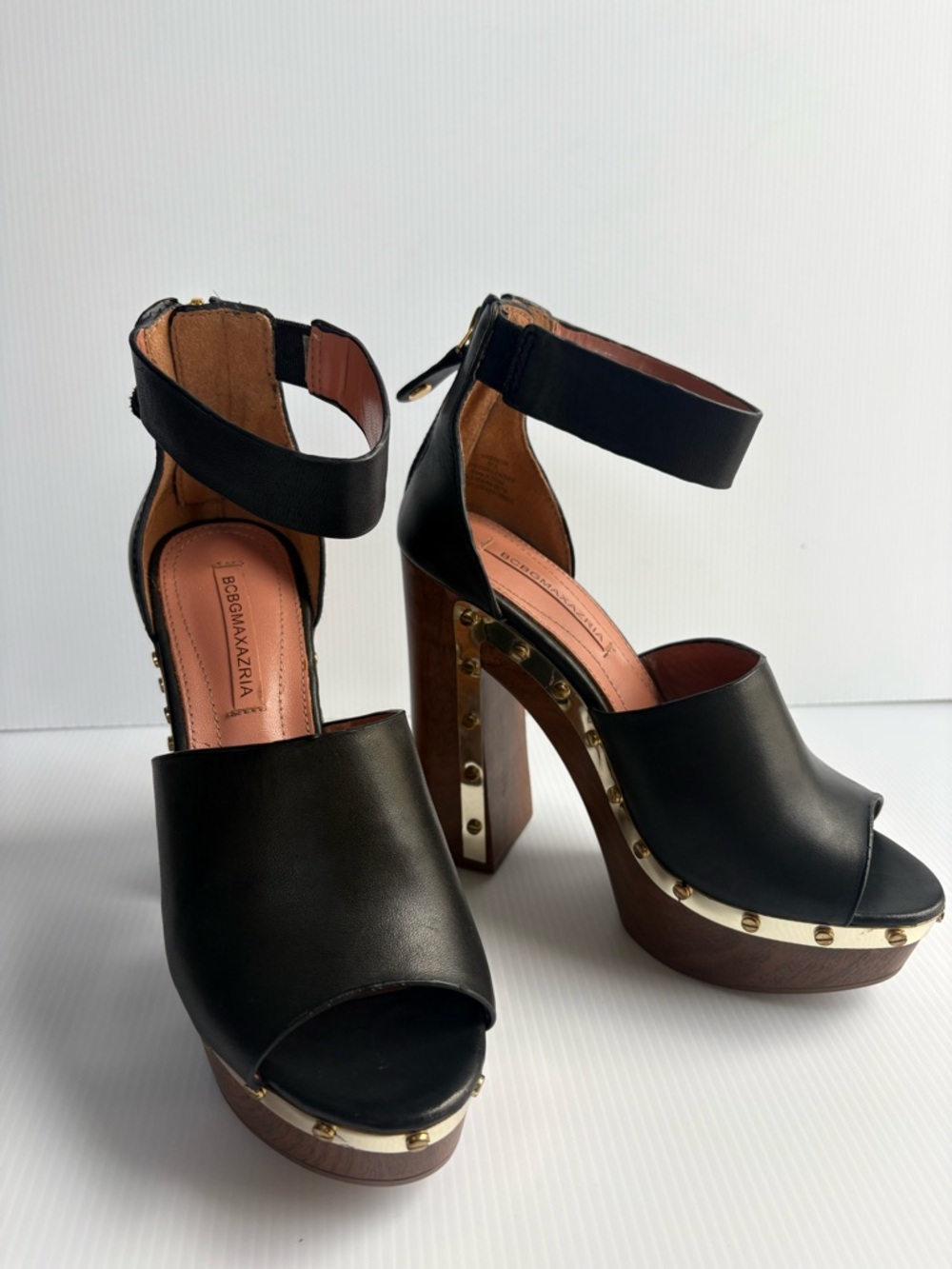 BCBGMaxAzria Black Leather Studded Platform Sandals with Wood Heel 37.5/7